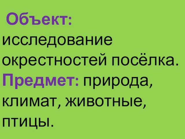 Объект: исследование окрестностей посёлка. Предмет: природа, климат, животные, птицы.