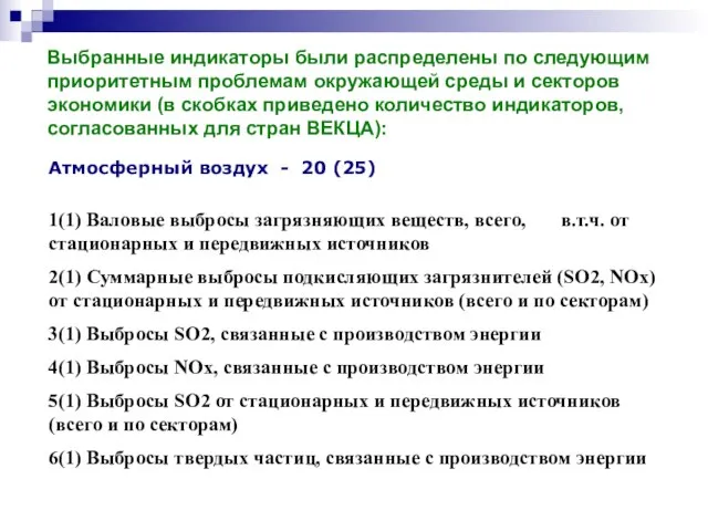 Выбранные индикаторы были распределены по следующим приоритетным проблемам окружающей среды и секторов