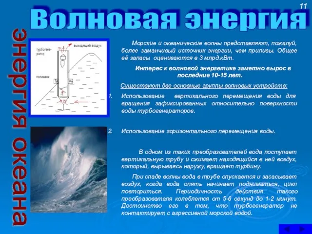 Волновая энергия Морские и океанические волны представляют, пожалуй, более заманчивый источник энергии,