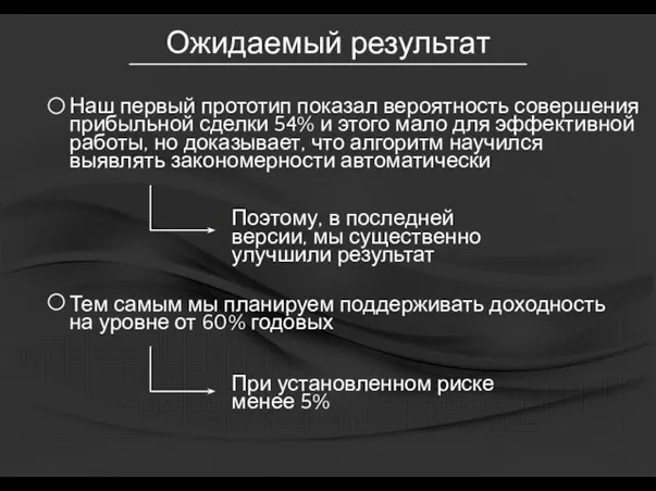 Ожидаемый результат Наш первый прототип показал вероятность совершения прибыльной сделки 54% и