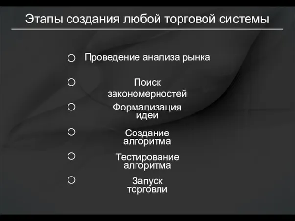 Этапы создания любой торговой системы Формализация идеи Проведение анализа рынка Поиск закономерностей