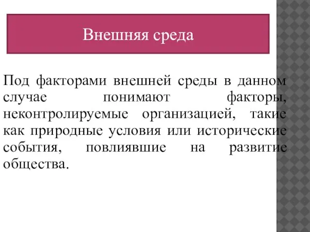 Под факторами внешней среды в данном случае понимают факторы, неконтролируемые организацией, такие