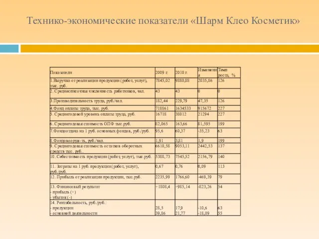 Технико-экономические показатели «Шарм Клео Косметик»