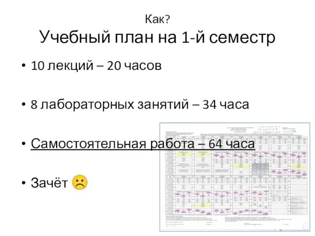 Как? Учебный план на 1-й семестр 10 лекций – 20 часов 8