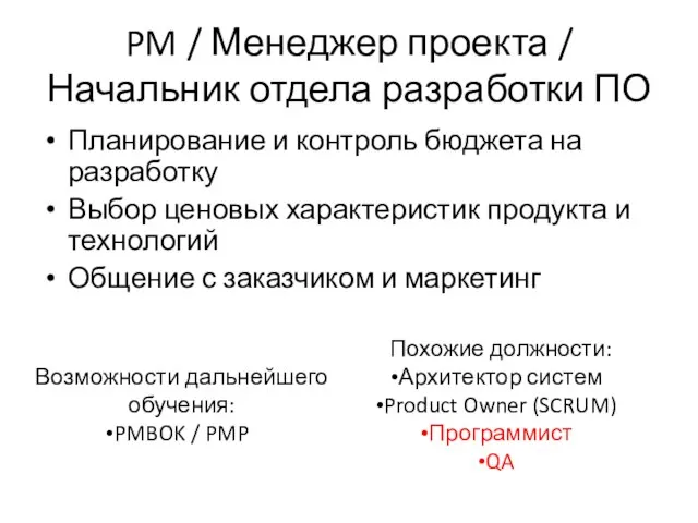 PM / Менеджер проекта / Начальник отдела разработки ПО Планирование и контроль