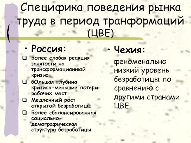 Специфика поведения рынка труда в период транформаций (ЦВЕ) Россия: Более слабая реакция