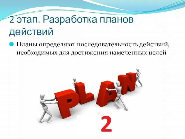 2 этап. Разработка планов действий Планы определяют последовательность действий, необходимых для достижения намеченных целей