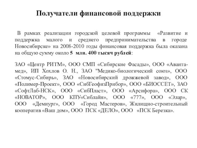 Получатели финансовой поддержки В рамках реализации городской целевой программы «Развитие и поддержка