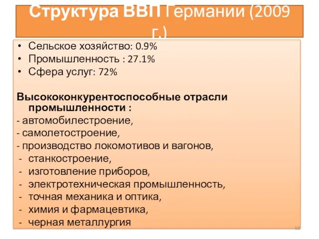 Структура ВВП Германии (2009 г.) Сельское хозяйство: 0.9% Промышленность : 27.1% Сфера