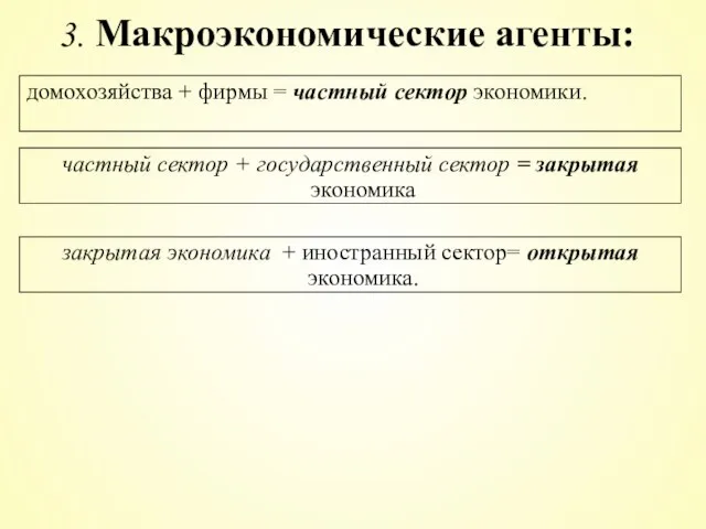 домохозяйства + фирмы = частный сектор экономики. 3. Макроэкономические агенты: частный сектор