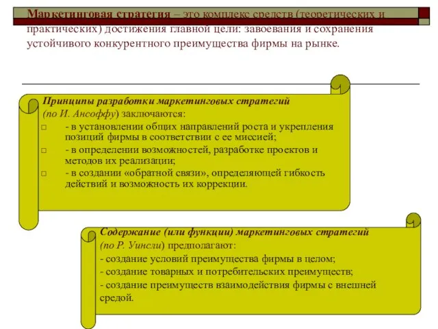 Маркетинговая стратегия – это комплекс средств (теоретических и практических) достижения главной цели: