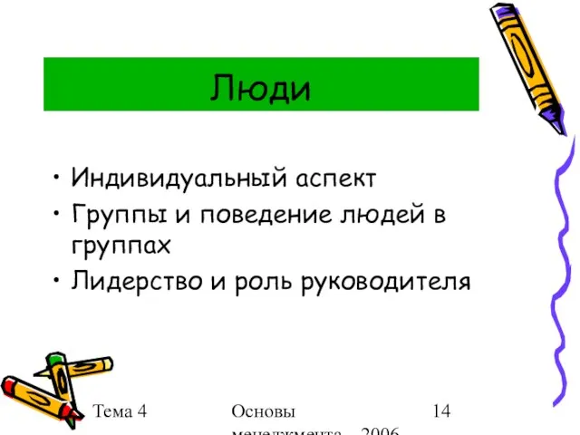 Тема 4 Основы менеджмента 2006 г. Люди Индивидуальный аспект Группы и поведение