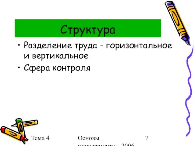 Тема 4 Основы менеджмента 2006 г. Структура Разделение труда - горизонтальное и вертикальное Сфера контроля