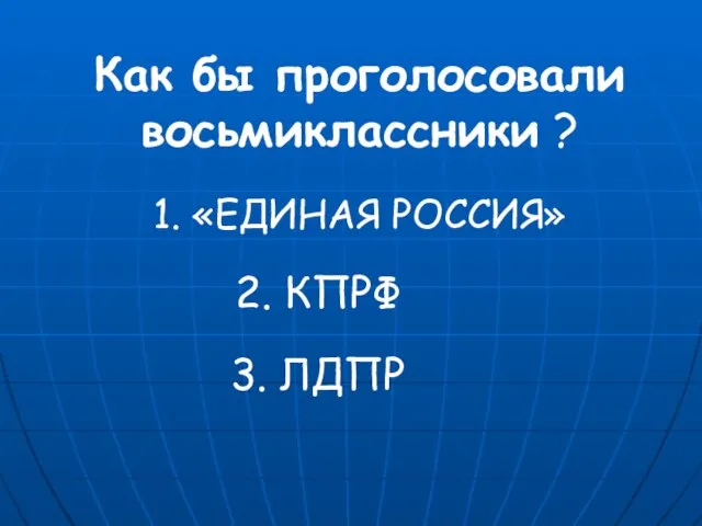 Как бы проголосовали восьмиклассники ? 1. «ЕДИНАЯ РОССИЯ» 2. КПРФ 3. ЛДПР