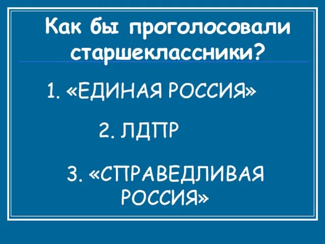 Как бы проголосовали старшеклассники? 1. «ЕДИНАЯ РОССИЯ» 2. ЛДПР 3. «СПРАВЕДЛИВАЯ РОССИЯ»