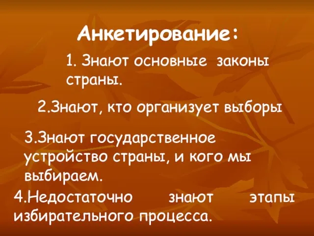 Анкетирование: 1. Знают основные законы страны. 2.Знают, кто организует выборы 3.Знают государственное