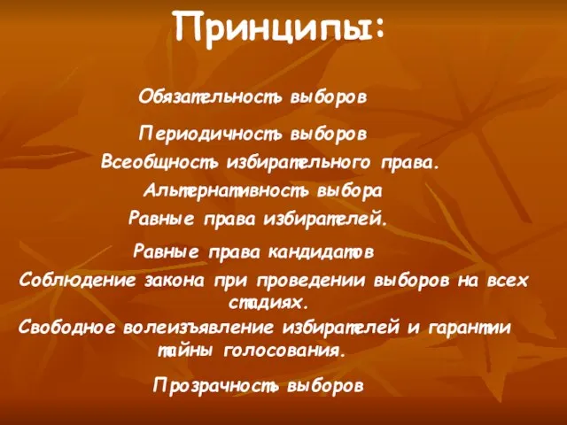 Принципы: Периодичность выборов Обязательность выборов Всеобщность избирательного права. Альтернативность выбора Равные права