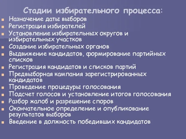 Стадии избирательного процесса: Назначение даты выборов Регистрация избирателей Установление избирательных округов и