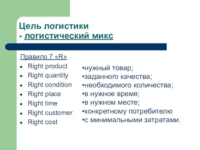 Цель логистики - логистический микс Правило 7 «R» Right product Right quantity