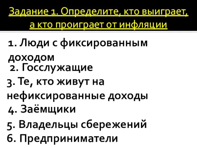 Задание 1. Определите, кто выиграет, а кто проиграет от инфляции 1. Люди