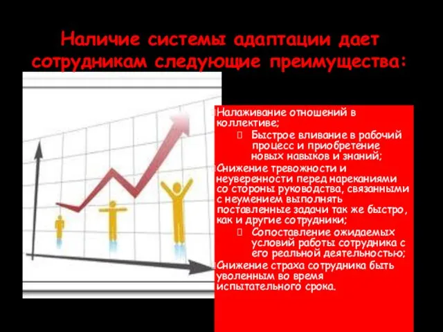 Наличие системы адаптации дает сотрудникам следующие преимущества: Налаживание отношений в коллективе; Быстрое