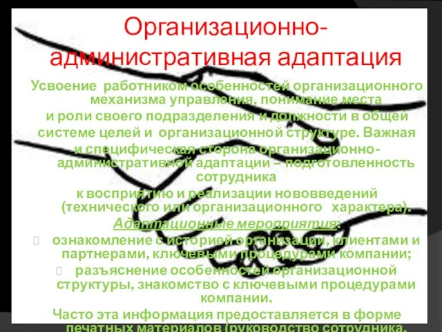 Организационно-административная адаптация Усвоение работником особенностей организационного механизма управления, понимание места и роли