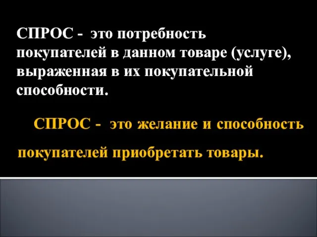 СПРОС - это потребность покупателей в данном товаре (услуге), выраженная в их