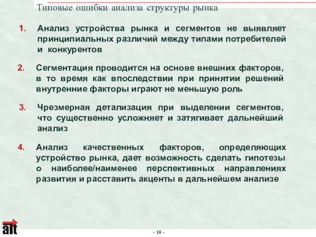 Типовые ошибки анализа структуры рынка Анализ устройства рынка и сегментов не выявляет