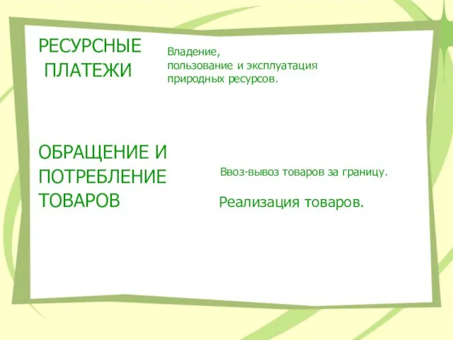 РЕСУРСНЫЕ ПЛАТЕЖИ ОБРАЩЕНИЕ И ПОТРЕБЛЕНИЕ ТОВАРОВ Реализация товаров. Ввоз-вывоз товаров за границу.