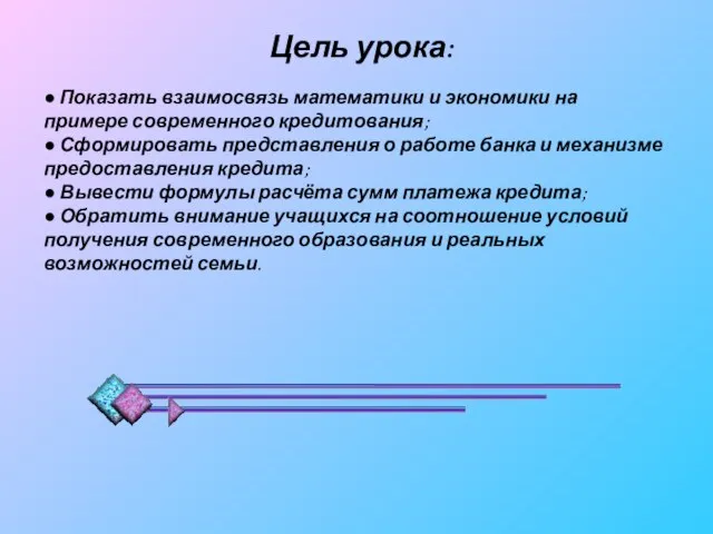 Цель урока: ● Показать взаимосвязь математики и экономики на примере современного кредитования;