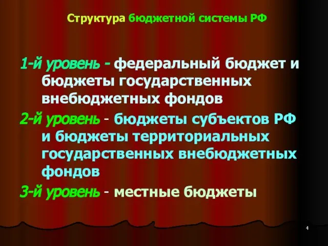 Структура бюджетной системы РФ 1-й уровень - федеральный бюджет и бюджеты государственных