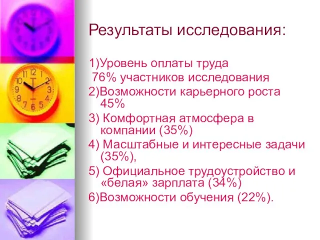 Результаты исследования: 1)Уровень оплаты труда 76% участников исследования 2)Возможности карьерного роста 45%