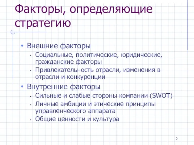 Факторы, определяющие стратегию Внешние факторы Социальные, политические, юридические, гражданские факторы Привлекательность отрасли,