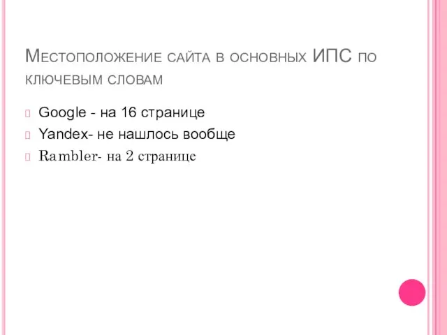 Местоположение сайта в основных ИПС по ключевым словам Google - на 16