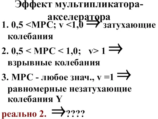 Эффект мультипликатора-акселератора 1. 0,5 2. 0,5 1 ⇒ взрывные колебания 3. МРС