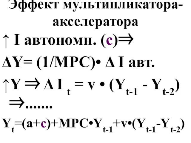 Эффект мультипликатора-акселератора ↑ I автономн. (c)⇒ ΔY= (1/MPC)• Δ I авт. ↑Y