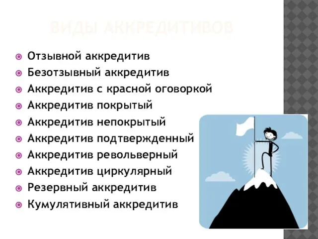 Виды аккредитивов Отзывной аккредитив Безотзывный аккредитив Аккредитив с красной оговоркой Аккредитив покрытый