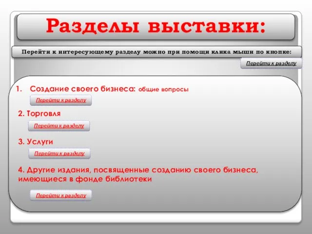 Разделы выставки: Создание своего бизнеса: общие вопросы 2. Торговля 3. Услуги 4.