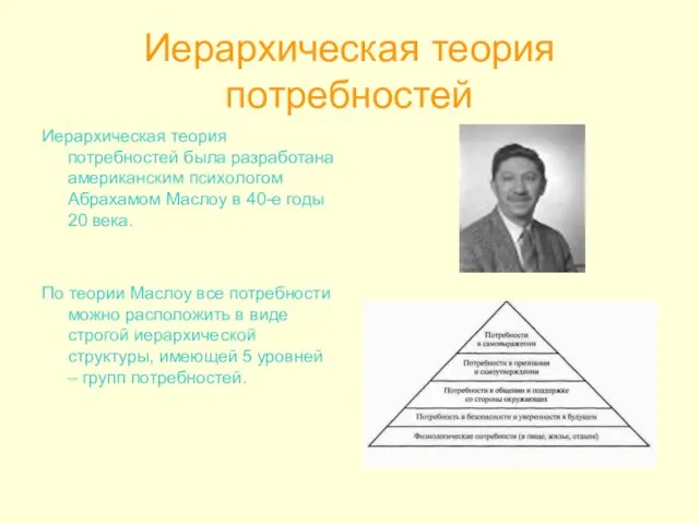 Иерархическая теория потребностей Иерархическая теория потребностей была разработана американским психологом Абрахамом Маслоу