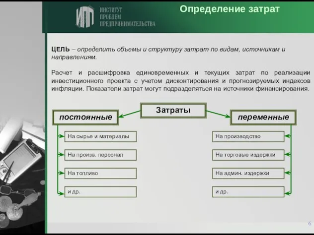 Определение затрат ЦЕЛЬ – определить объемы и структуру затрат по видам, источникам