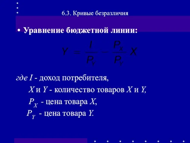 Уравнение бюджетной линии: где I - доход потребителя, Х и Y -