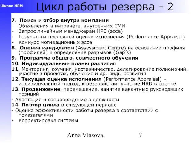 Anna Vlasova, Цикл работы резерва - 2 7. Поиск и отбор внутри