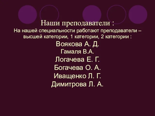 Наши преподаватели : На нашей специальности работают преподаватели – высшей категории, 1