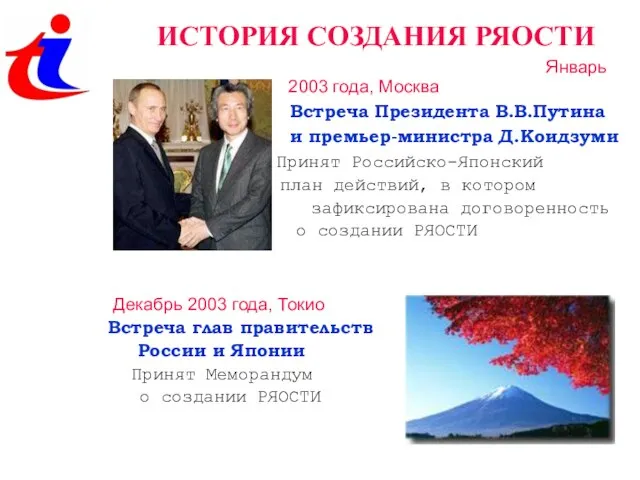 ИСТОРИЯ СОЗДАНИЯ РЯОСТИ Январь 2003 года, Москва Встреча Президента В.В.Путина и премьер-министра