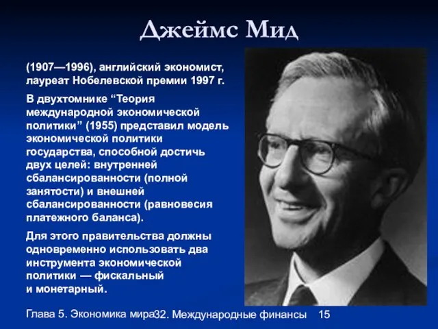 Глава 5. Экономика мира 32. Международные финансы Джеймс Мид (1907—1996), английский экономист,