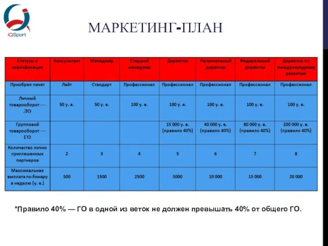 МАРКЕТИНГ-ПЛАН *Правило 40% — ГО в одной из веток не должен превышать 40% от общего ГО.