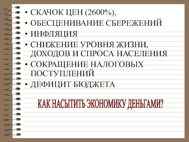 СКАЧОК ЦЕН (2600%), ОБЕСЦЕНИВАНИЕ СБЕРЕЖЕНИЙ ИНФЛЯЦИЯ СНИЖЕНИЕ УРОВНЯ ЖИЗНИ, ДОХОДОВ И СПРОСА