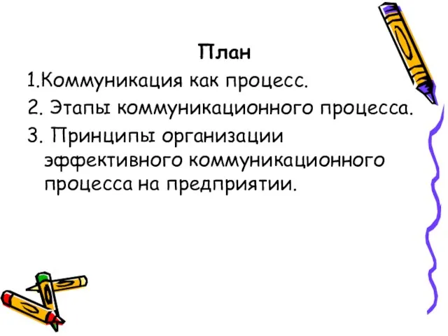 План 1.Коммуникация как процесс. 2. Этапы коммуникационного процесса. 3. Принципы организации эффективного коммуникационного процесса на предприятии.