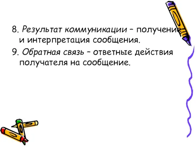 8. Результат коммуникации – получение и интерпретация сообщения. 9. Обратная связь –