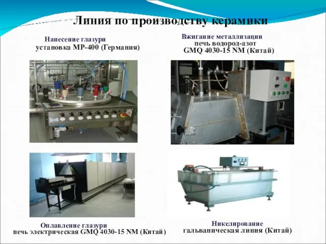 Нанесение глазури установка МР-400 (Германия) Вжигание металлизации печь водород-азот GMQ 4030-15 NM